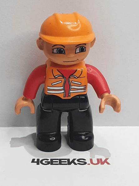 Lego Duplo Figure construction Worker Red Shirt OrangeHat and Vest Black Pants - USADO